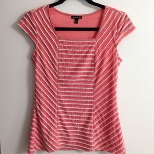 Milkmaid peach pink white scallop trim striped square neck top capped sleeves